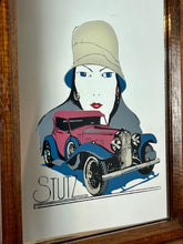 Load image into Gallery viewer, This mirror features an Art Deco-style illustration of a woman wearing a cloche hat alongside a vintage Stutz automobile, with the STUTZ logo clearly visible at the bottom.
