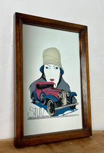 Load image into Gallery viewer, This mirror features an Art Deco-style illustration of a woman wearing a cloche hat alongside a vintage Stutz automobile, with the STUTZ logo clearly visible at the bottom.
