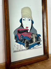 Load image into Gallery viewer, This mirror features an Art Deco-style illustration of a woman wearing a cloche hat alongside a vintage Stutz automobile, with the STUTZ logo clearly visible at the bottom.
