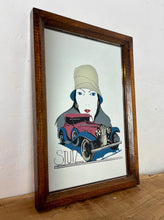 Load image into Gallery viewer, This mirror features an Art Deco-style illustration of a woman wearing a cloche hat alongside a vintage Stutz automobile, with the STUTZ logo clearly visible at the bottom.
