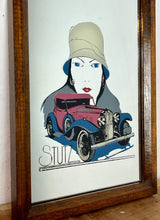 Load image into Gallery viewer, This mirror features an Art Deco-style illustration of a woman wearing a cloche hat alongside a vintage Stutz automobile, with the STUTZ logo clearly visible at the bottom.
