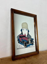 Load image into Gallery viewer, This mirror features an Art Deco-style illustration of a woman wearing a cloche hat alongside a vintage Stutz automobile, with the STUTZ logo clearly visible at the bottom.
