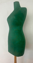 Load image into Gallery viewer, Mid-century green dress form with leaf detail, a stunning tabletop tailor&#39;s dummy or dressmaking mannequin. This form is commonly used in fashion design, home interior pieces and displaying jewellery.
