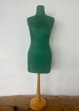 Load image into Gallery viewer, Mid-century green dress form with leaf detail, a stunning tabletop tailor&#39;s dummy or dressmaking mannequin. This form is commonly used in fashion design, home interior pieces and displaying jewellery.
