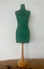 Load image into Gallery viewer, Mid-century green dress form with leaf detail, a stunning tabletop tailor&#39;s dummy or dressmaking mannequin. This form is commonly used in fashion design, home interior pieces and displaying jewellery.
