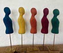 Load image into Gallery viewer, Vintage selection of a row of colourful fabric torso mannequins on stands, suitable for displaying jewellery, and can be used in your home, in a retail setting, or for fashion purposes.
