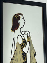 Load image into Gallery viewer, The depicted figure, with her flowing gown, hair ornament, and armbands, powerfully evokes the Art Deco era (roughly 1920s-1930s), known for its elegant and stylised representations of women.
