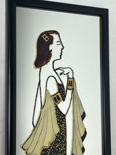 Load image into Gallery viewer, The depicted figure, with her flowing gown, hair ornament, and armbands, powerfully evokes the Art Deco era (roughly 1920s-1930s), known for its elegant and stylised representations of women.
