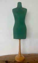 Load image into Gallery viewer, Mid-century green dress form with leaf detail, a stunning tabletop tailor&#39;s dummy or dressmaking mannequin. This form is commonly used in fashion design, home interior pieces and displaying jewellery.
