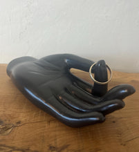 Load image into Gallery viewer, Vintage black ceramic hand sculpture, a beautiful decorative ring dish with a smooth, sleek glazed finish that creates a superb design for your dressing room.
