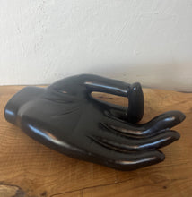 Load image into Gallery viewer, Vintage black ceramic hand sculpture, a beautiful decorative ring dish with a smooth, sleek glazed finish that creates a superb design for your dressing room.
