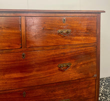 Load image into Gallery viewer, An immaculate quality Arts &amp; Crafts chest of drawers made in figured English mahogany. Having an arrangement of 2 over 2 drawers, all retaining the original decorative handles and escutcheons. With mahogany sides on a plinth. Beautiful original condition throughout. English, Circa 1900.
