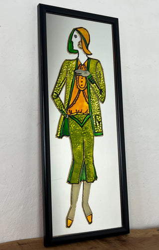 The mirror reflects the iconic Art Deco style, characterized by geometric shapes, streamlined forms, and vibrant colors, popular in the 1920s and 1930s. The depicted figure is a quintessential symbol of the Roaring Twenties.