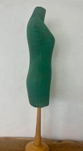 Load image into Gallery viewer, Mid-century green dress form with leaf detail, a stunning tabletop tailor&#39;s dummy or dressmaking mannequin. This form is commonly used in fashion design, home interior pieces and displaying jewellery.

