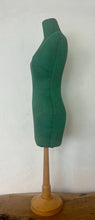Load image into Gallery viewer, Mid-century green dress form with leaf detail, a stunning tabletop tailor&#39;s dummy or dressmaking mannequin. This form is commonly used in fashion design, home interior pieces and displaying jewellery.
