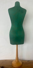 Load image into Gallery viewer, Mid-century green dress form with leaf detail, a stunning tabletop tailor&#39;s dummy or dressmaking mannequin. This form is commonly used in fashion design, home interior pieces and displaying jewellery.
