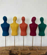 Load image into Gallery viewer, Vintage selection of a row of colourful fabric torso mannequins on stands, suitable for displaying jewellery, and can be used in your home, in a retail setting, or for fashion purposes.
