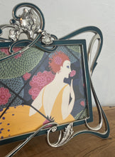 Load image into Gallery viewer, Beautiful vintage picture frame designed in the Art Deco style, featuring ornate, flowing lines and a green enamel finish. It is made from metal, likely pewter or a silver-plated alloy.
