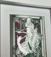Load image into Gallery viewer, The woman’s hair, wild and swirling through a play of ornate interweaving lines, is a typical Mucha style feature. When this was created, women generally did not smoke in public and usually wore their hair up, making this a daring and wild piece. The geometric shape repeated in the background is the company’s logo.
