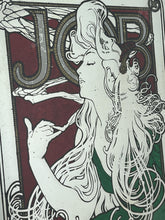 Load image into Gallery viewer, The woman’s hair, wild and swirling through a play of ornate interweaving lines, is a typical Mucha style feature. When this was created, women generally did not smoke in public and usually wore their hair up, making this a daring and wild piece. The geometric shape repeated in the background is the company’s logo.
