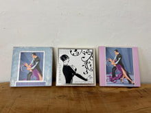 Load image into Gallery viewer, Lovely set of 3  Art Deco-style framed pictures, decorative tiles, featuring illustrations of a couple dancing and a flapper girl.
