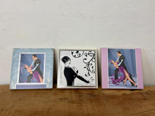 Load image into Gallery viewer, Lovely set of 3  Art Deco-style framed pictures, decorative tiles, featuring illustrations of a couple dancing and a flapper girl.

