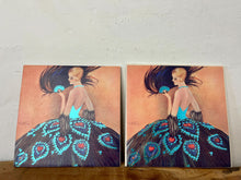 Load image into Gallery viewer, lovely Art Deco-style illustration from 1927 depicting a lady in an elaborate gown with a peacock-feather skirt and a matching fan.
