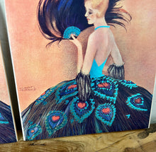 Load image into Gallery viewer, lovely Art Deco-style illustration from 1927 depicting a lady in an elaborate gown with a peacock-feather skirt and a matching fan.
