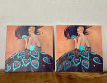 Load image into Gallery viewer, lovely Art Deco-style illustration from 1927 depicting a lady in an elaborate gown with a peacock-feather skirt and a matching fan.
