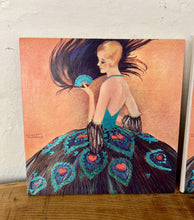 Load image into Gallery viewer, lovely Art Deco-style illustration from 1927 depicting a lady in an elaborate gown with a peacock-feather skirt and a matching fan.
