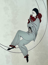Load image into Gallery viewer, This pair of stunning Art Deco mirrors depicting a Pierrot or Harlequin on a crescent moon is an illustration, first and foremost, of a woman in an Art Deco style, vintage from the mid-20th century.
