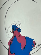 Load image into Gallery viewer, This pair of stunning Art Deco mirrors depicting a Pierrot or Harlequin on a crescent moon is an illustration, first and foremost, of a woman in an Art Deco style, vintage from the mid-20th century.
