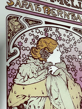 Load image into Gallery viewer, Beautiful vintage Alphonse Mucha Art Nouveau mirror featuring La Dame aux Camélias, Sarah Bernhardt, theatre advertising.
