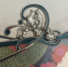 Load image into Gallery viewer, Beautiful vintage picture frame designed in the Art Deco style, featuring ornate, flowing lines and a green enamel finish. It is made from metal, likely pewter or a silver-plated alloy.
