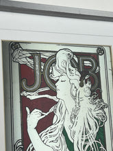 Load image into Gallery viewer, The woman’s hair, wild and swirling through a play of ornate interweaving lines, is a typical Mucha style feature. When this was created, women generally did not smoke in public and usually wore their hair up, making this a daring and wild piece. The geometric shape repeated in the background is the company’s logo.
