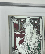 Load image into Gallery viewer, The woman’s hair, wild and swirling through a play of ornate interweaving lines, is a typical Mucha style feature. When this was created, women generally did not smoke in public and usually wore their hair up, making this a daring and wild piece. The geometric shape repeated in the background is the company’s logo.
