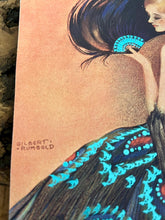 Load image into Gallery viewer, lovely Art Deco-style illustration from 1927 depicting a lady in an elaborate gown with a peacock-feather skirt and a matching fan.
