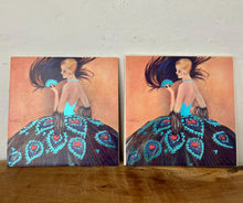 Load image into Gallery viewer, lovely Art Deco-style illustration from 1927 depicting a lady in an elaborate gown with a peacock-feather skirt and a matching fan.
