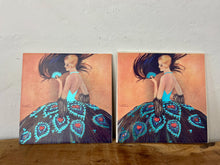 Load image into Gallery viewer, lovely Art Deco-style illustration from 1927 depicting a lady in an elaborate gown with a peacock-feather skirt and a matching fan.
