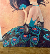 Load image into Gallery viewer, lovely Art Deco-style illustration from 1927 depicting a lady in an elaborate gown with a peacock-feather skirt and a matching fan.
