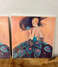 Load image into Gallery viewer, lovely Art Deco-style illustration from 1927 depicting a lady in an elaborate gown with a peacock-feather skirt and a matching fan.
