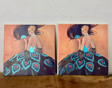 Load image into Gallery viewer, lovely Art Deco-style illustration from 1927 depicting a lady in an elaborate gown with a peacock-feather skirt and a matching fan.
