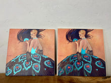 Load image into Gallery viewer, lovely Art Deco-style illustration from 1927 depicting a lady in an elaborate gown with a peacock-feather skirt and a matching fan.
