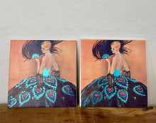 Load image into Gallery viewer, lovely Art Deco-style illustration from 1927 depicting a lady in an elaborate gown with a peacock-feather skirt and a matching fan.
