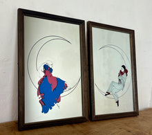 Load image into Gallery viewer, Pair Of Vintage Art Deco Artwork Mirror, Pierrot Harlequin On Crescent Moon
