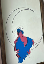Load image into Gallery viewer, This pair of stunning Art Deco mirrors depicting a Pierrot or Harlequin on a crescent moon is an illustration, first and foremost, of a woman in an Art Deco style, vintage from the mid-20th century.

