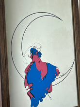 Load image into Gallery viewer, This pair of stunning Art Deco mirrors depicting a Pierrot or Harlequin on a crescent moon is an illustration, first and foremost, of a woman in an Art Deco style, vintage from the mid-20th century.
