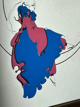 Load image into Gallery viewer, This pair of stunning Art Deco mirrors depicting a Pierrot or Harlequin on a crescent moon is an illustration, first and foremost, of a woman in an Art Deco style, vintage from the mid-20th century.
