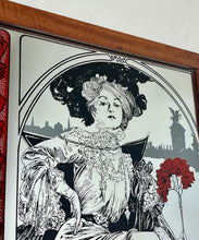 Load image into Gallery viewer, A central female figure with flowing hair, a common motif in Mucha's works. Rich, decorative elements including flowers and an ornate background, emphasizing nature's forms.
