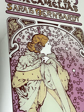 Load image into Gallery viewer, Beautiful vintage Alphonse Mucha Art Nouveau mirror featuring La Dame aux Camélias, Sarah Bernhardt, theatre advertising.
